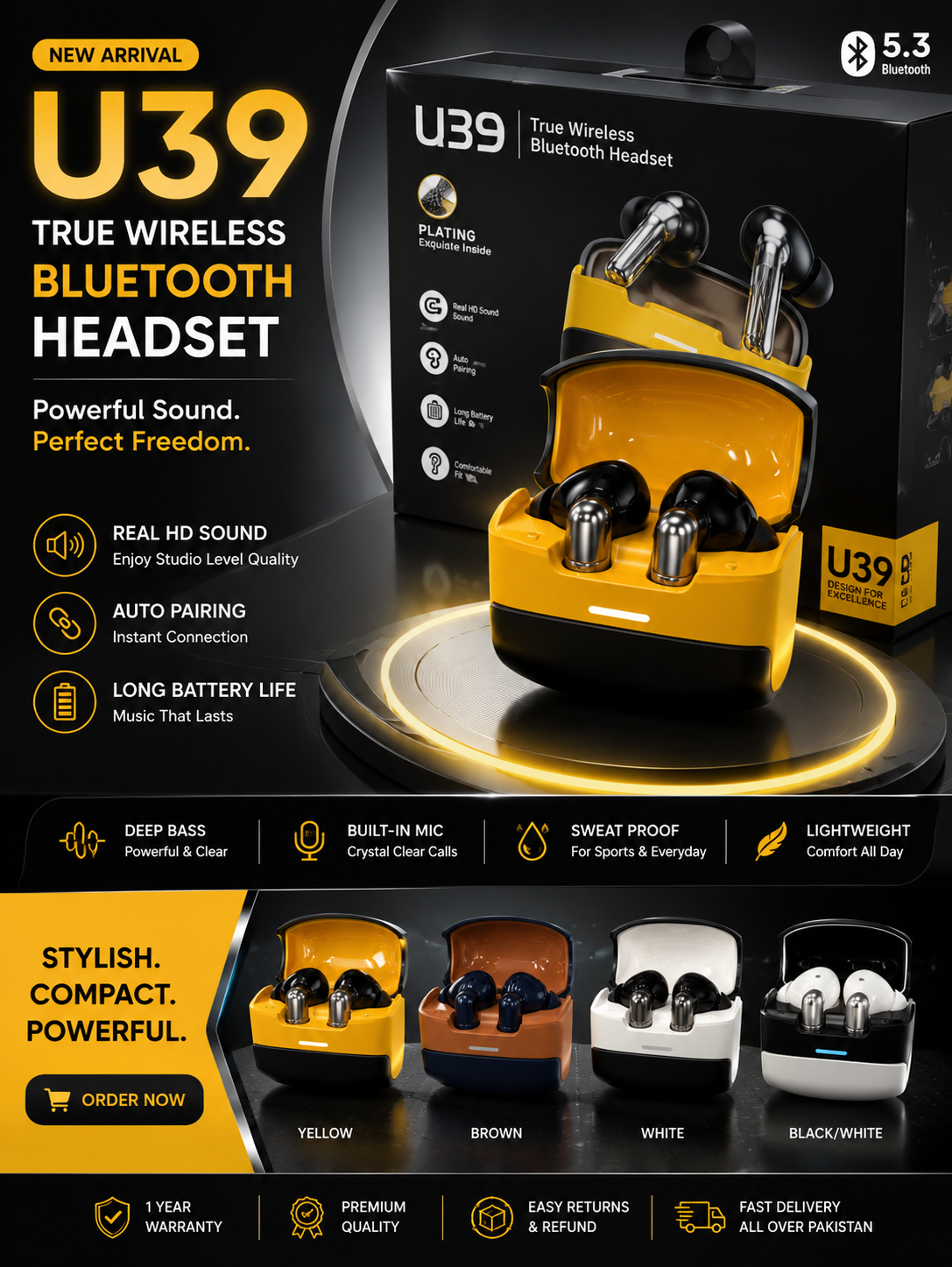 U39 Wireless Earbuds – HD Sound & Deep Bass